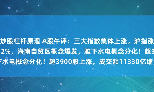 炒股杠杆原理 A股午评：三大指数集体上涨，沪指涨0.48%创业板指涨0.72%，海南自贸区概念爆发，雅下水电概念分化！超3900股上涨，成交额11330亿缩量265亿